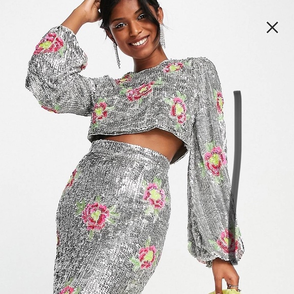 ASOS Edition blouson sleeve crop top in floral Sequin - Picture 10 of 10